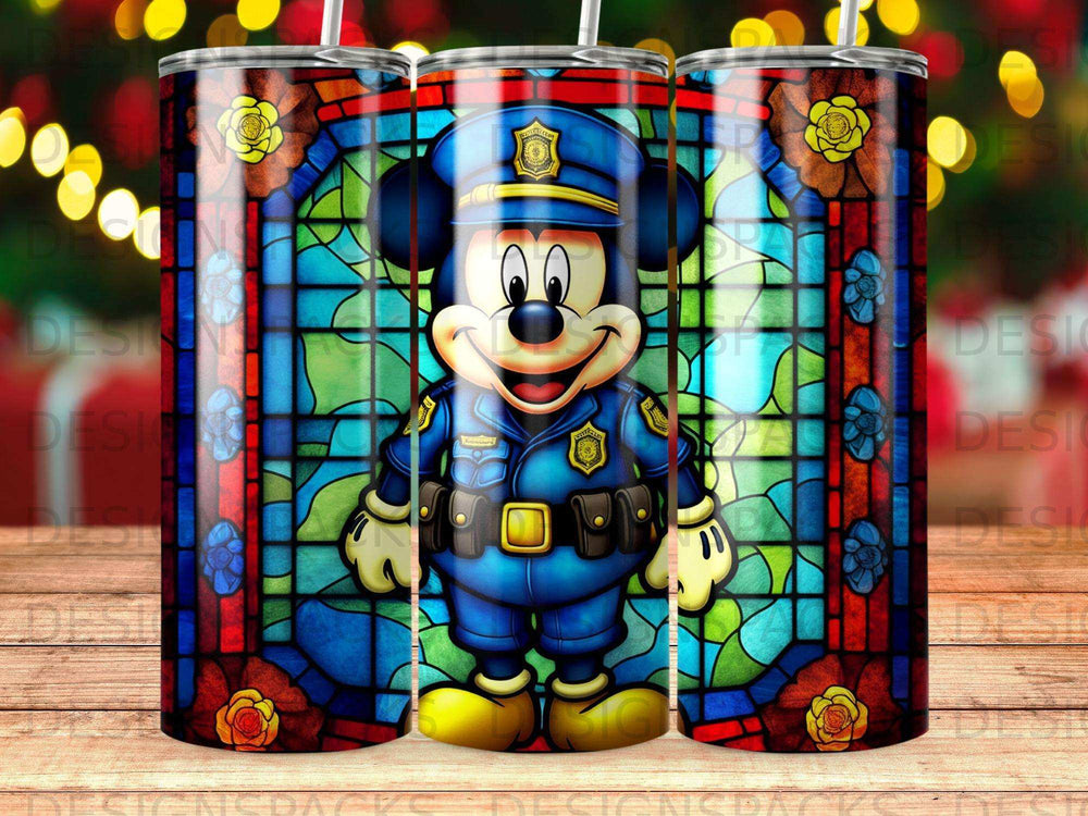 Mickey Mouse in a police uniform against a stained glass background.