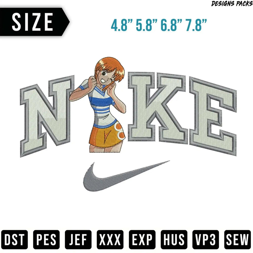Embroidered Nike logo with cartoon girl, available in multiple sizes and file formats.