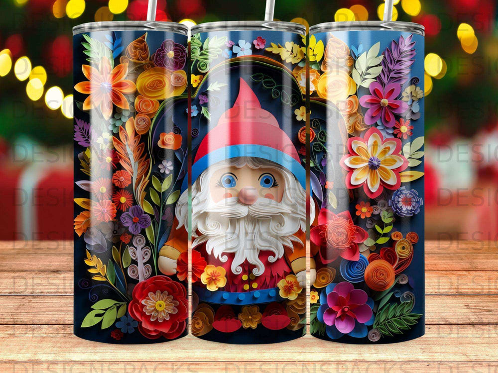 Gnome with colorful floral papercraft art on a tumbler.