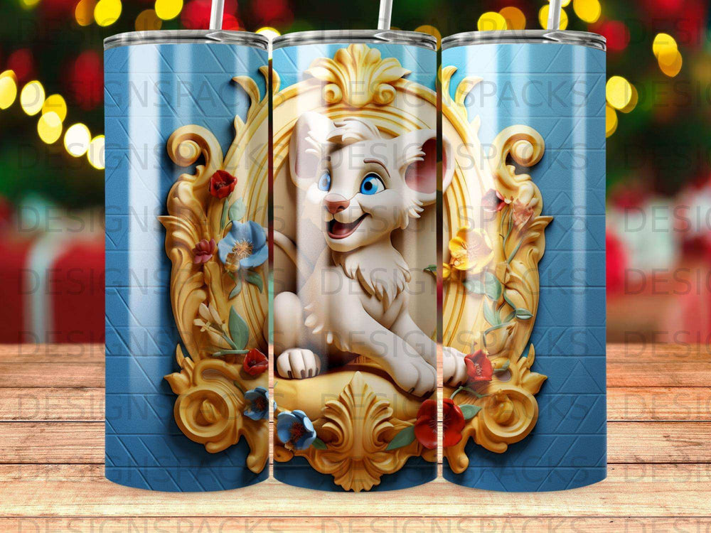 White lion cub in ornate gilded frame with blue floral accents.