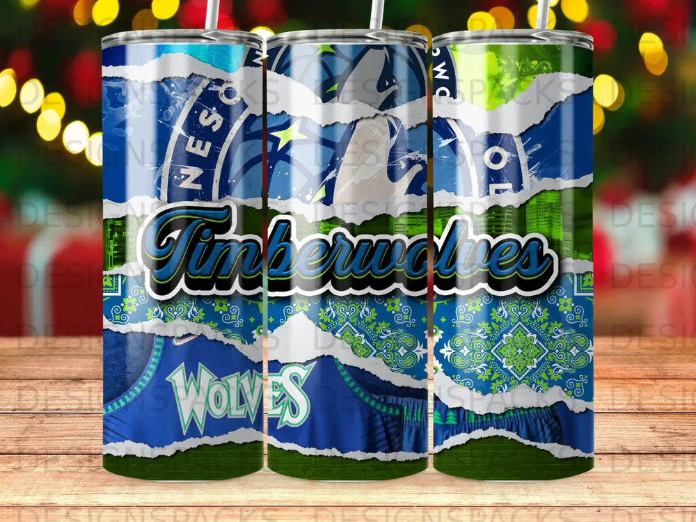 Minnesota Timberwolves logo and team colors on a ripped paper effect tumbler.