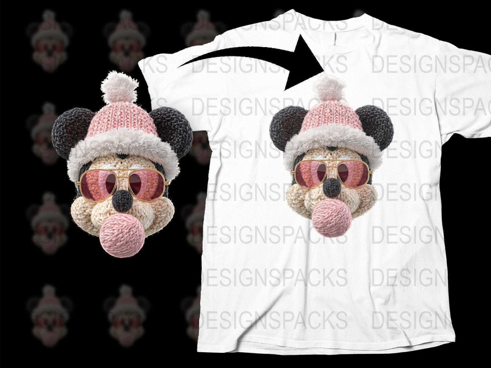 Cute Dog Face T-Shirt with Pink Beanie and Sunglasses, Animal Graphic Tee, Unisex Casual Fashion Clothing