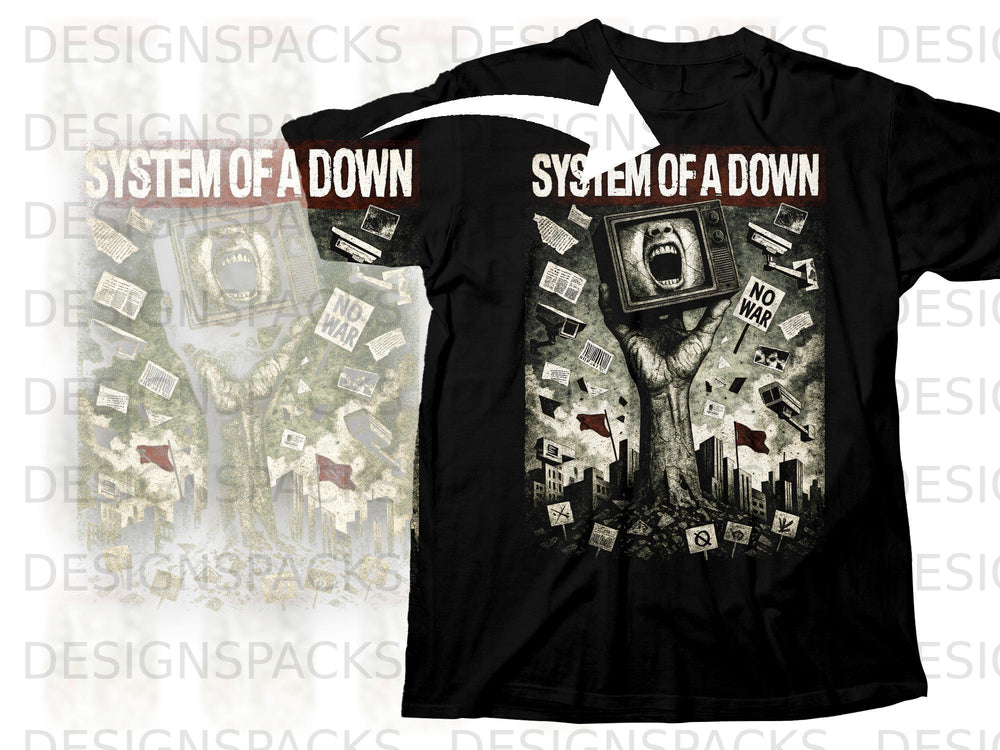 Black t-shirt featuring System of a Down album art with screaming face in TV.