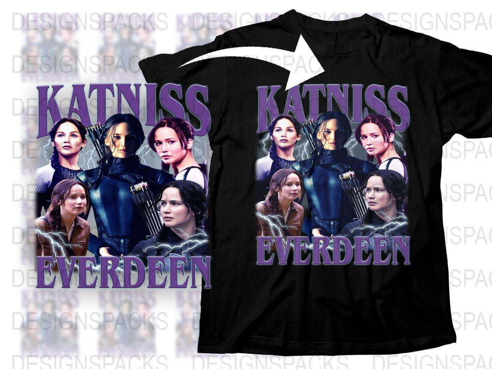 Katniss Everdeen Graphic T-Shirt, Hunger Games Inspired Fan Tee, Multiple Poses, Purple and Black Design, Movie Merchandise