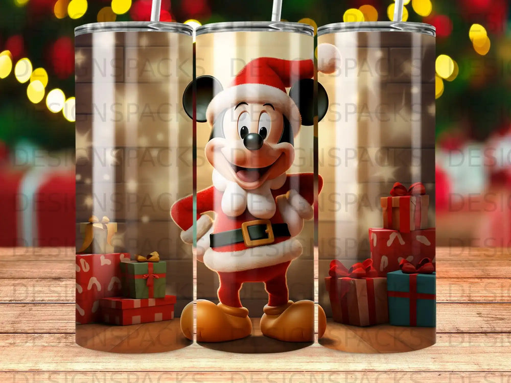 Mickey Mouse in a Santa outfit holding gifts.