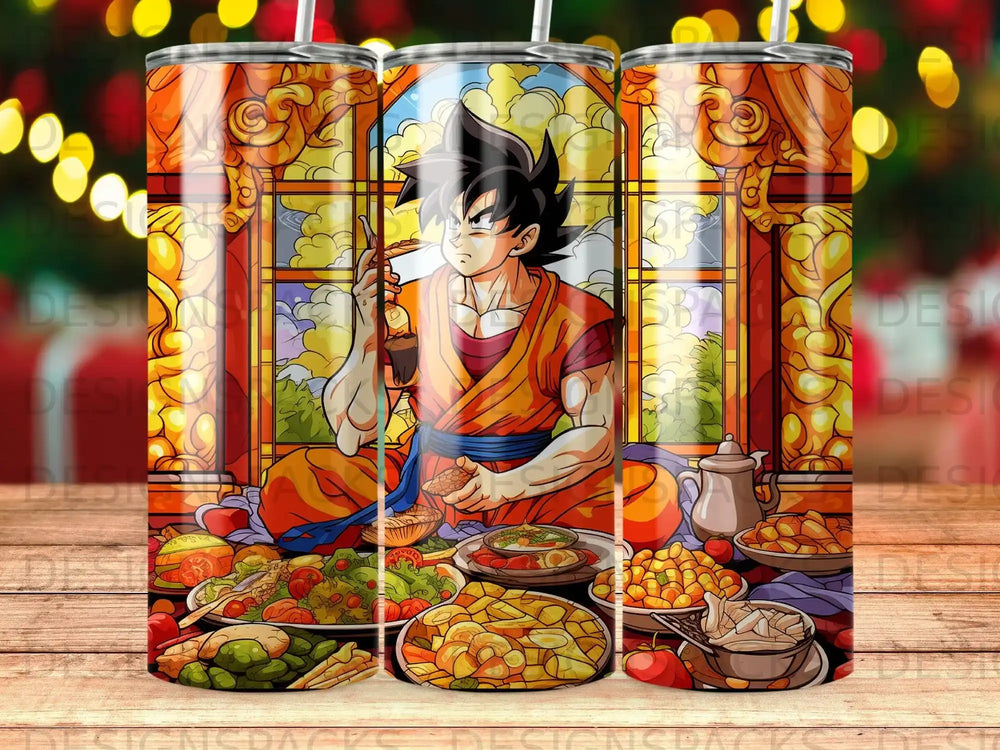 Goku sits at a table laden with food, stained glass window behind him.