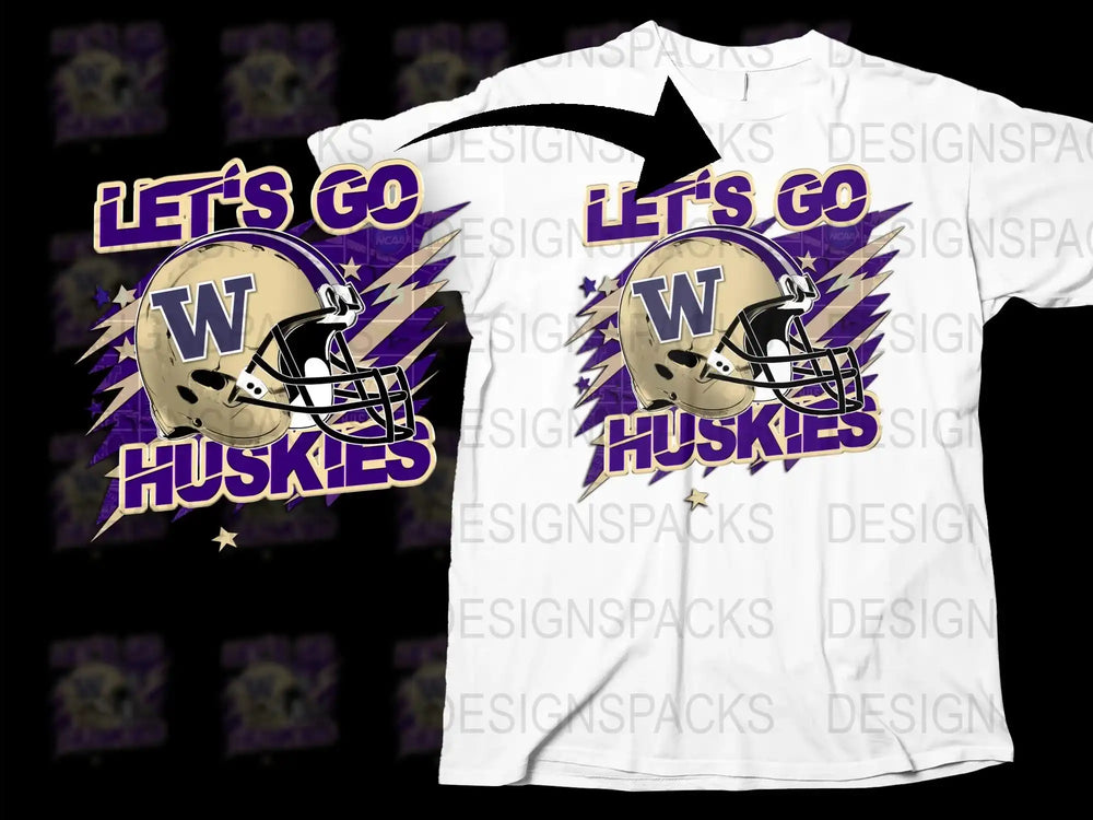 Let's Go Huskies Football Helmet Design T-Shirt, Purple and White Sports Fan Apparel, Unisex Team Support Tee.