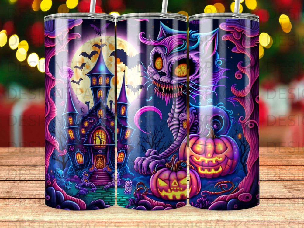 Halloween tumbler with spooky castle, pumpkin, and cat.