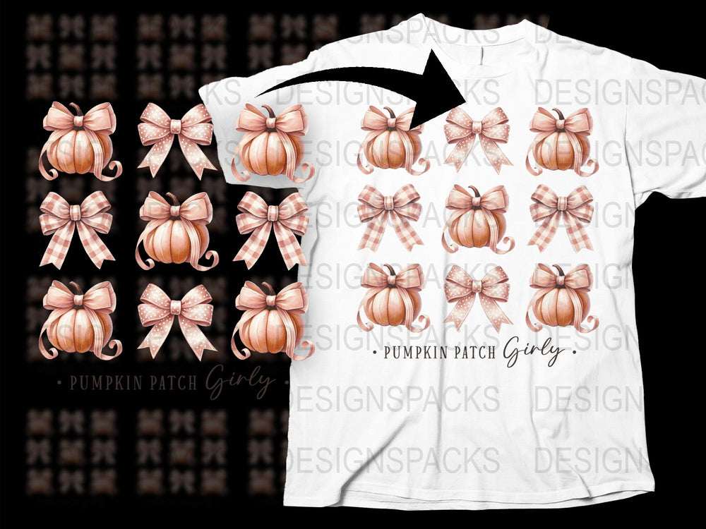 Pumpkin Patch Girly T-Shirt, Cute Fall Pumpkin and Bow Design, Autumn Fashion Top for Women