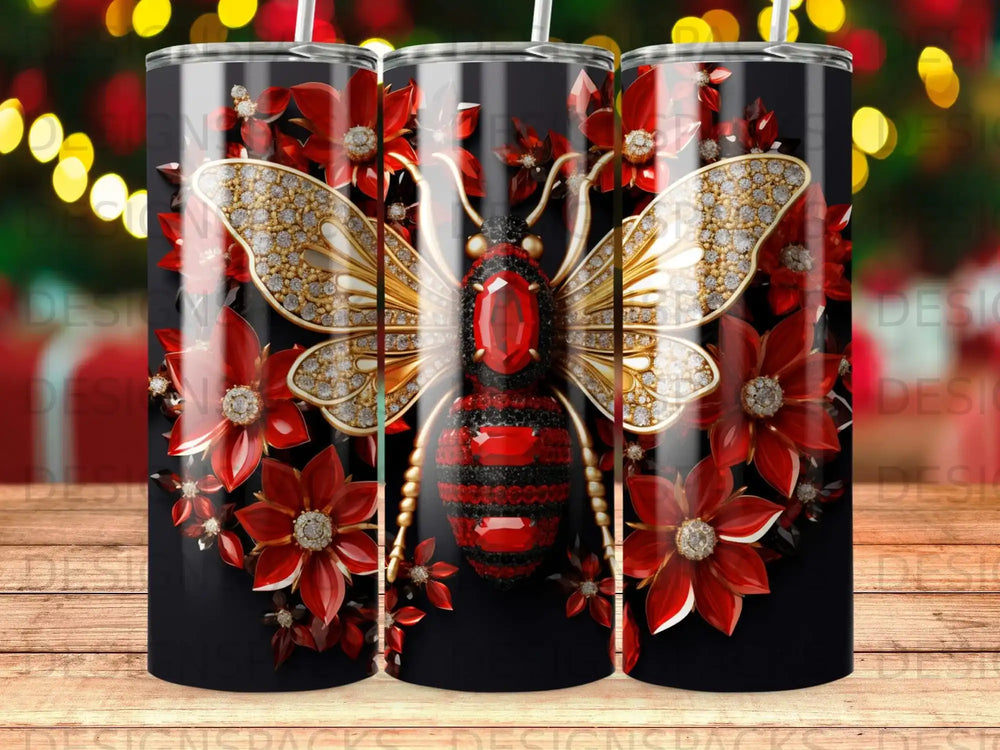 Bee with red and gold jeweled wings surrounded by red flowers.