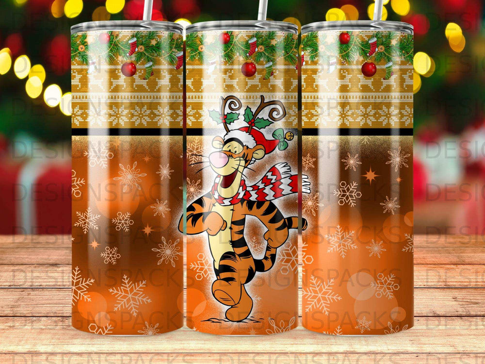 Tigger in a Christmas hat and scarf with a festive snowflake and ornament pattern.