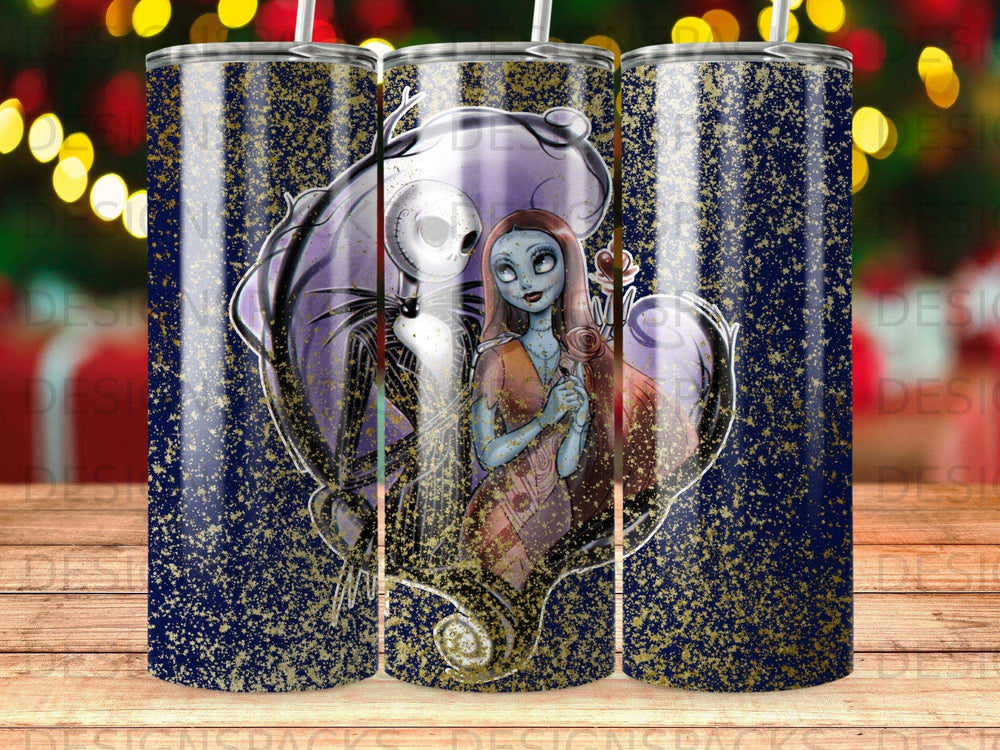 Jack Skellington and Sally from The Nightmare Before Christmas on a glittery tumbler.