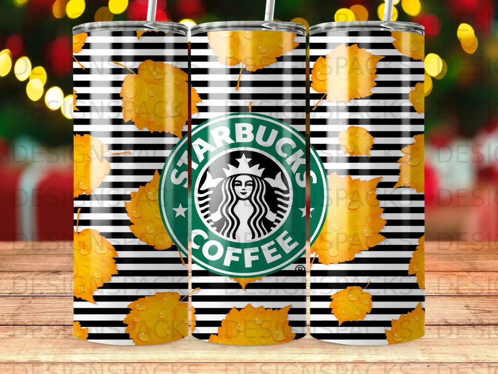 Starbucks Coffee Black White Stripes Autumn Leaves Tumbler product type