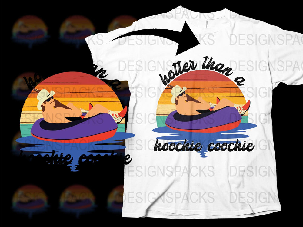 Summer Pool Party T-Shirt, Hotter Than a Hoochie Coochie, Fun Beach Tee, Colorful Sunset Graphic, Unisex Cotton Shirt