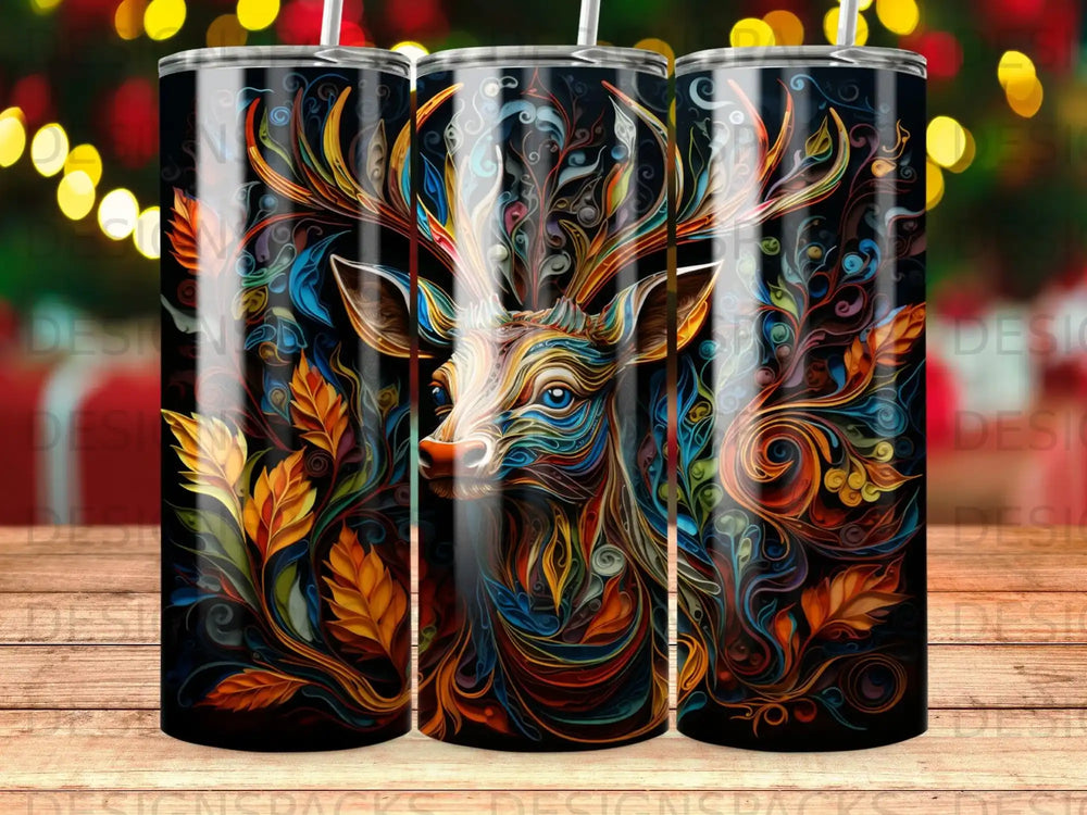 Colorful abstract deer with swirling patterns and leaves on a dark background.