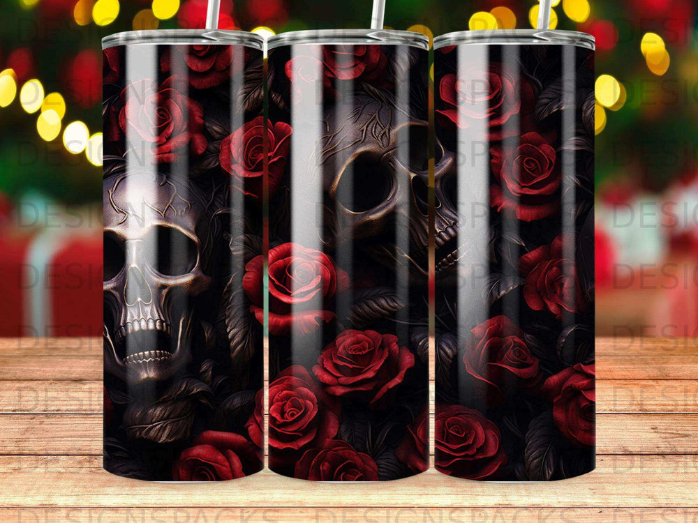Skulls and dark red roses adorn a tall, cylindrical tumbler.
