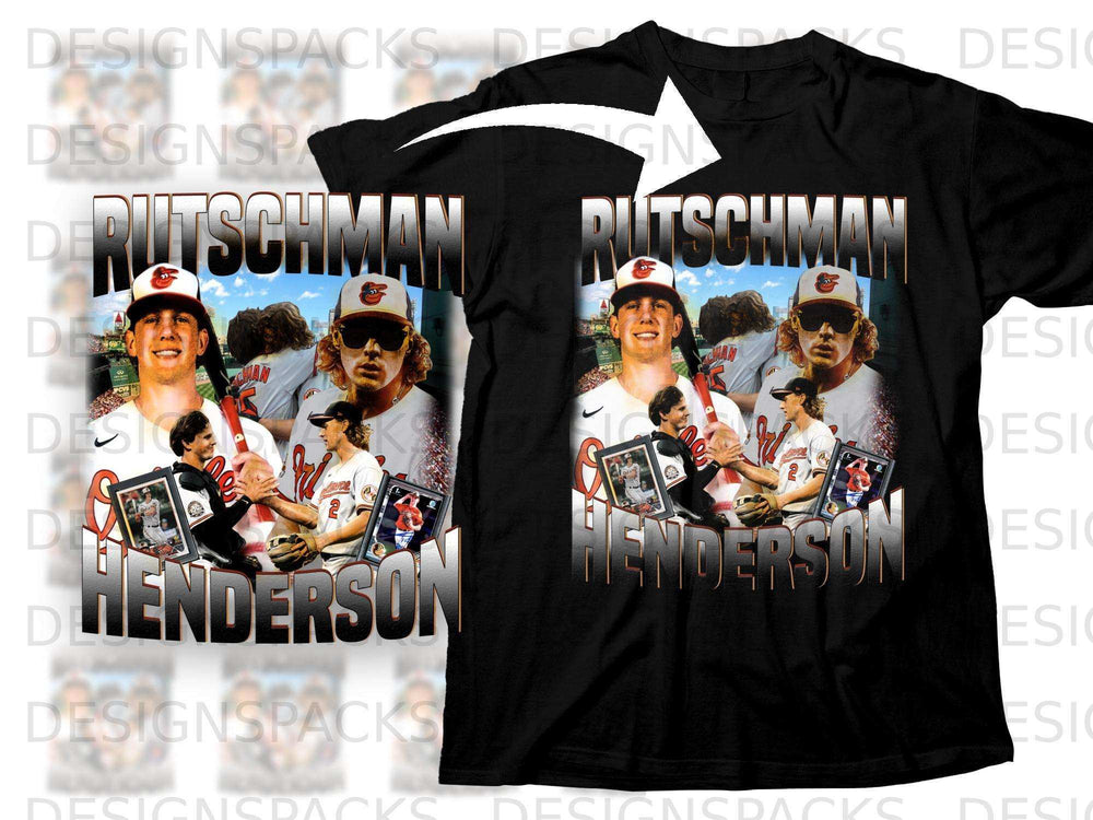 Black t-shirt with Rutschman and Henderson graphic.
