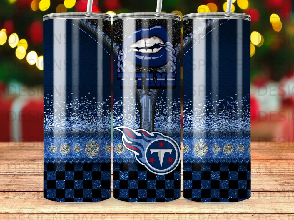 Tennessee Titans logo and blue glitter design on a tumbler.