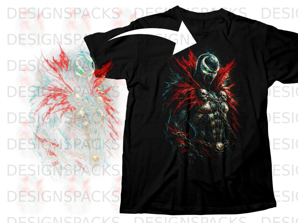 Black t-shirt with a detailed Spawn graphic featuring skulls and a red cape.