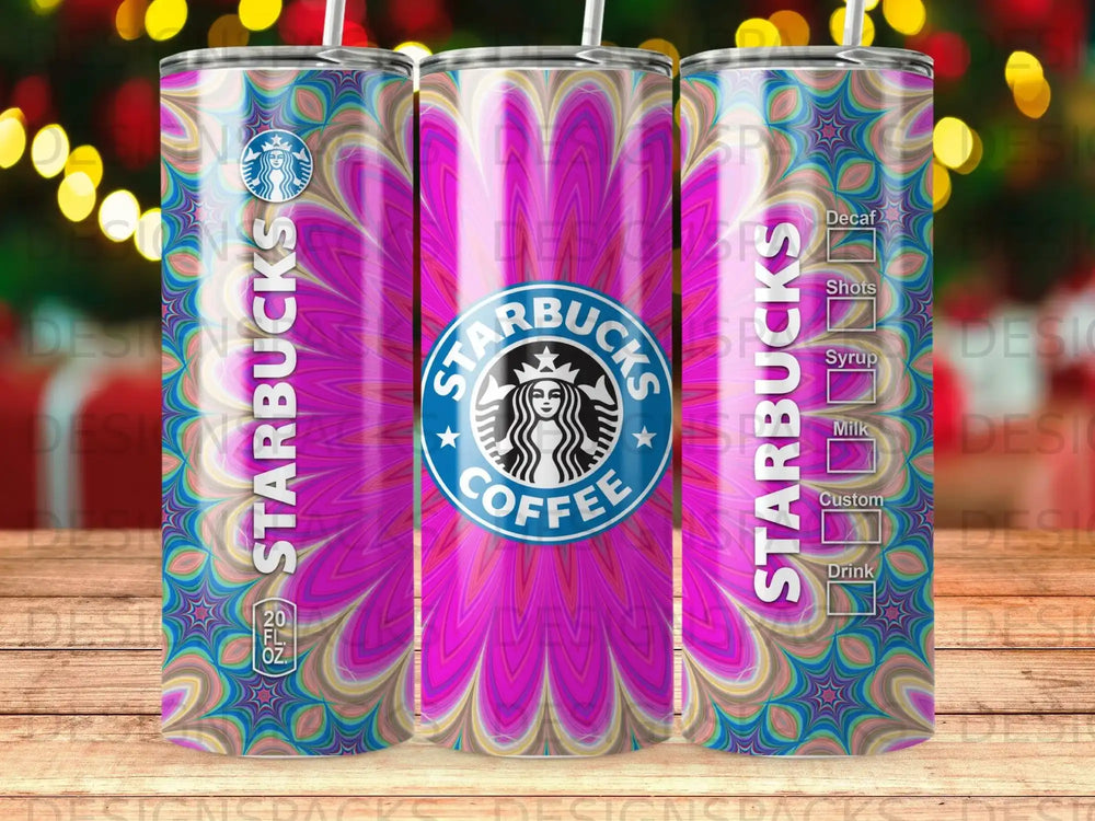 Starbucks tumbler with floral pattern and drink customization options.