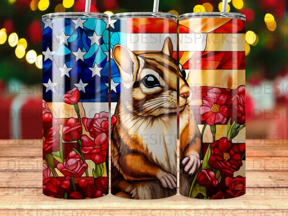 Chipmunk with American flag and red flowers on a tumbler.
