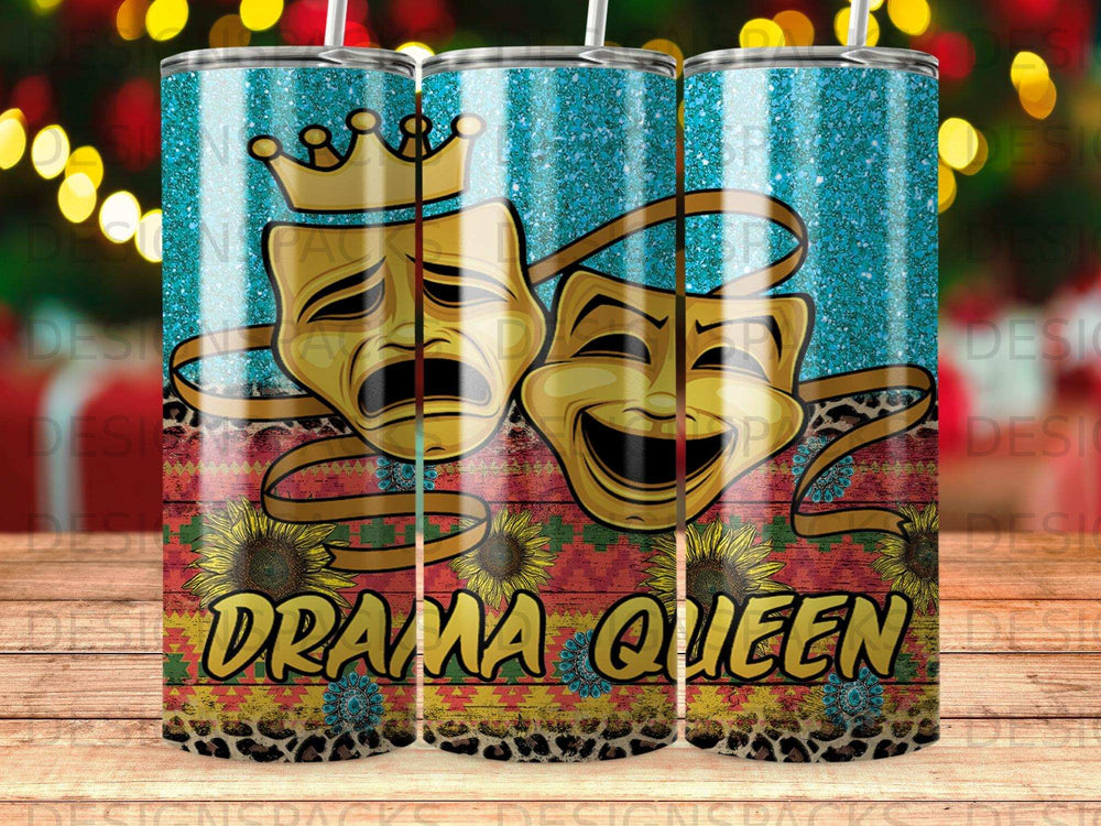 Two theatre masks and "Drama Queen" text on a colorful patterned tumbler.
