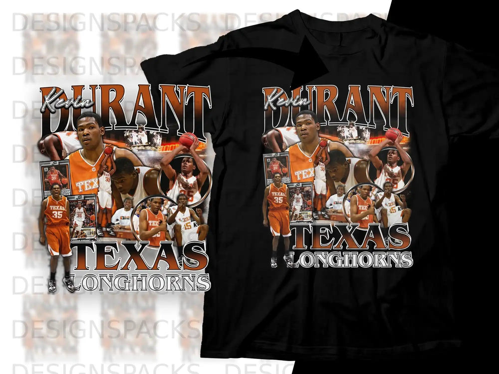 Black t-shirt featuring Kevin Durant in Texas Longhorns colors with "TEXAS LONGHORNS" text.