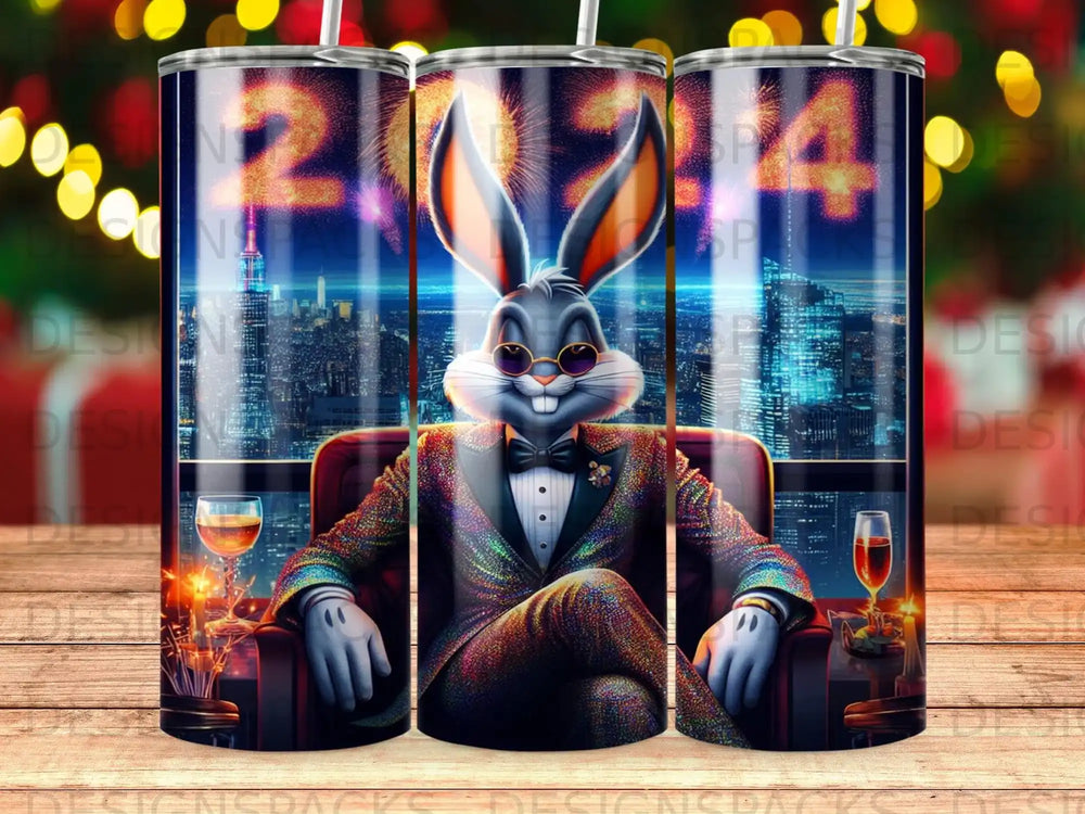 Bugs Bunny in a sparkly suit and sunglasses sitting in a red chair.