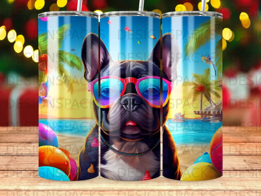 French bulldog wearing sunglasses with beach-themed tumbler background.