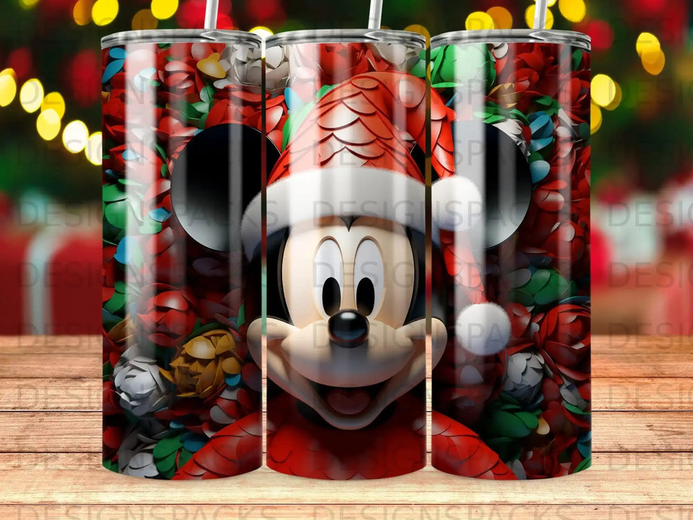 Mickey Mouse in Santa hat surrounded by festive, colorful holiday ornaments.