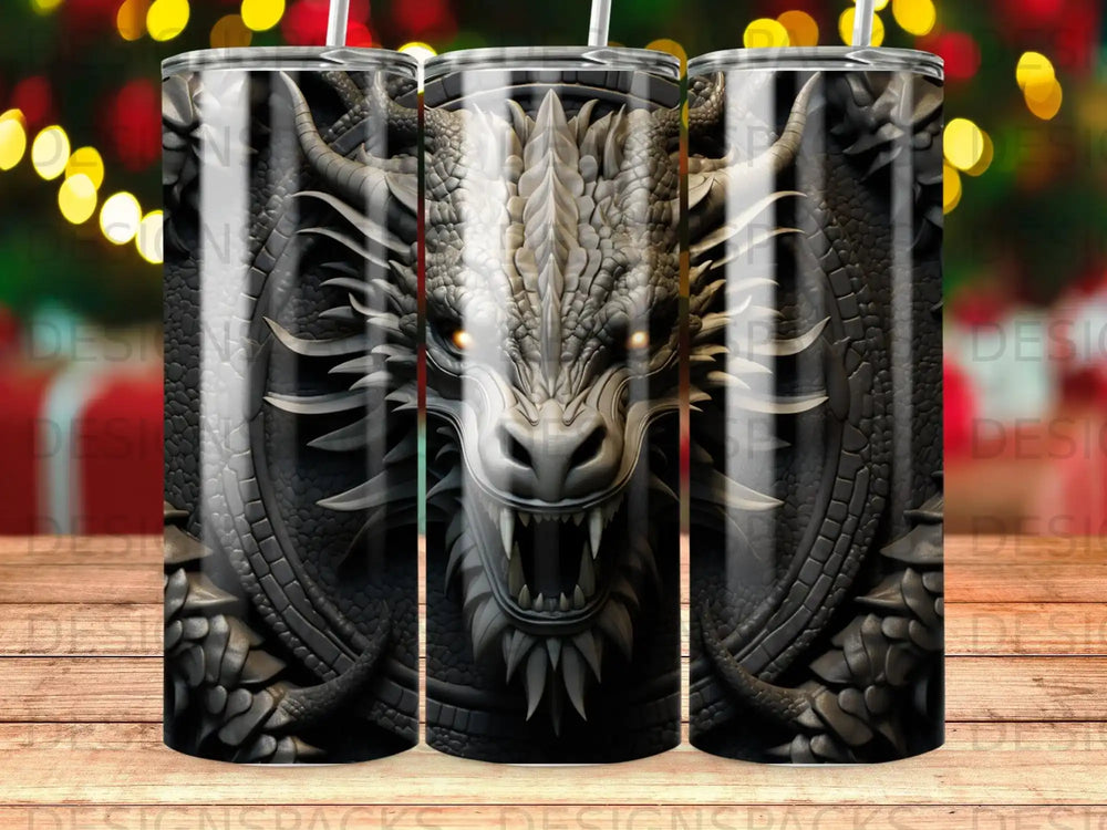 Dark dragon head design on a metal tumbler with a bokeh background.