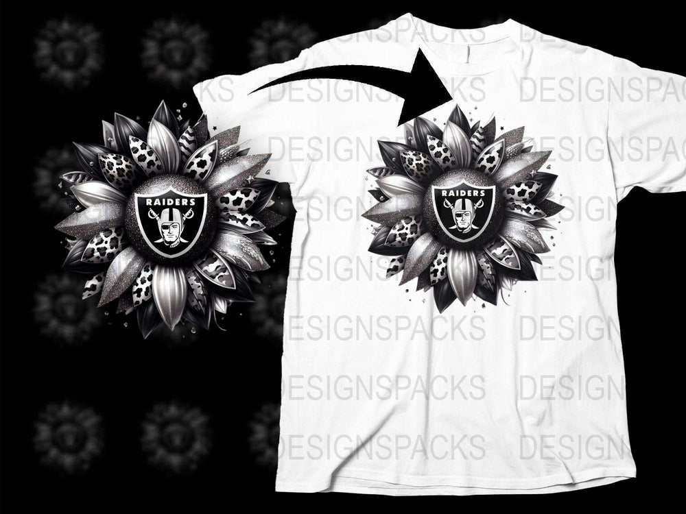 Raiders Skull Graphic T-Shirt, Metallic Floral Design, Men's Black and White Tee, Sports Fan Apparel