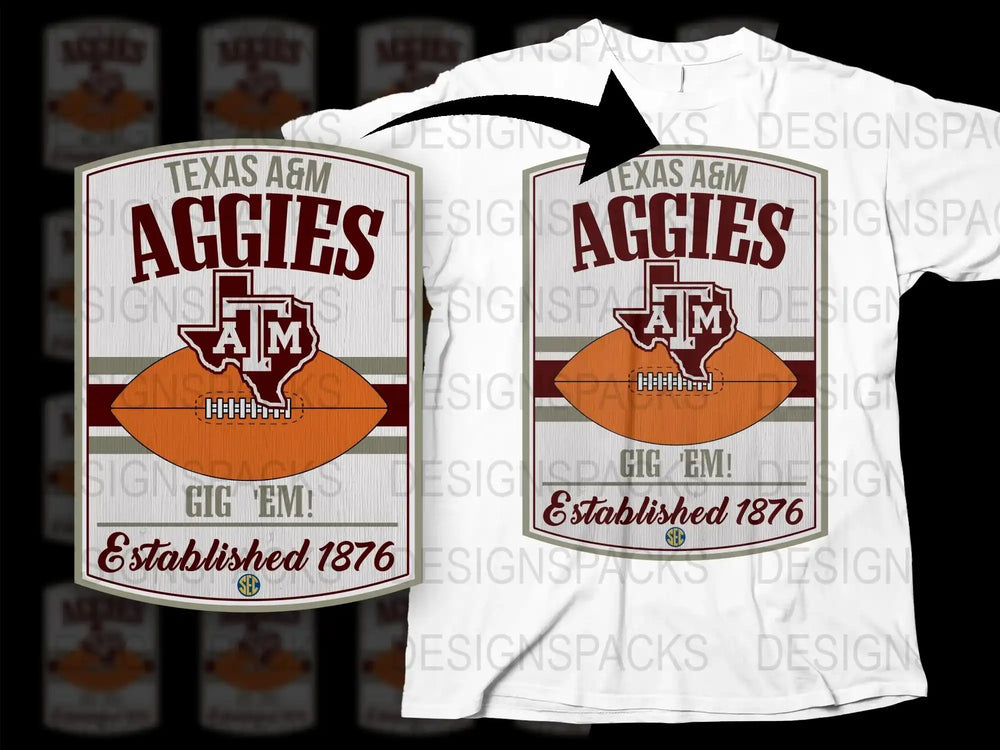 Texas AandM Aggies T-Shirt, Vintage Style College Football Tee, Gig 'Em Graphic, Established 1876