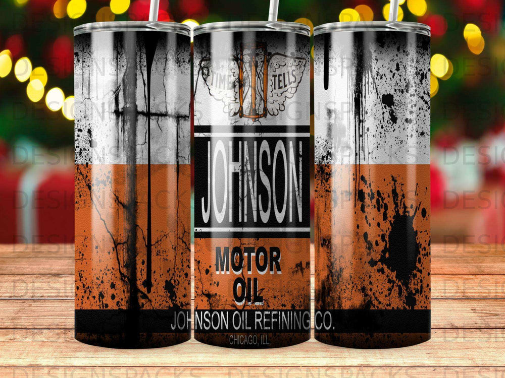 Johnson Motor Oil Refining Co. tumbler with distressed orange and black design.