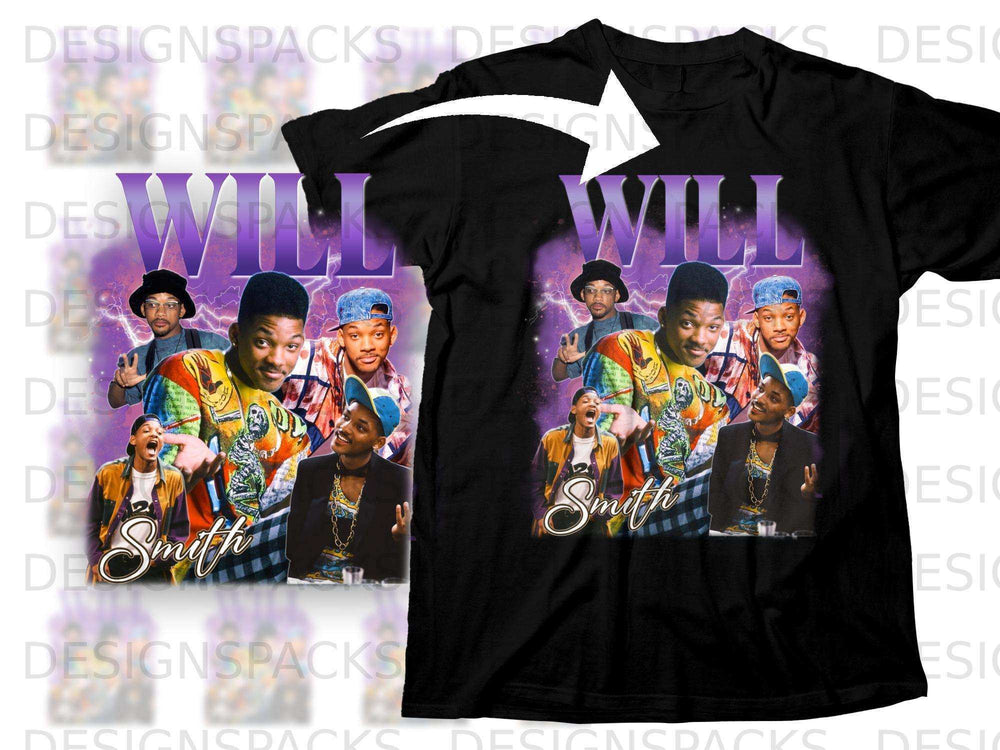 Black t-shirt with "Will Smith" collage and vibrant 90s graphics.