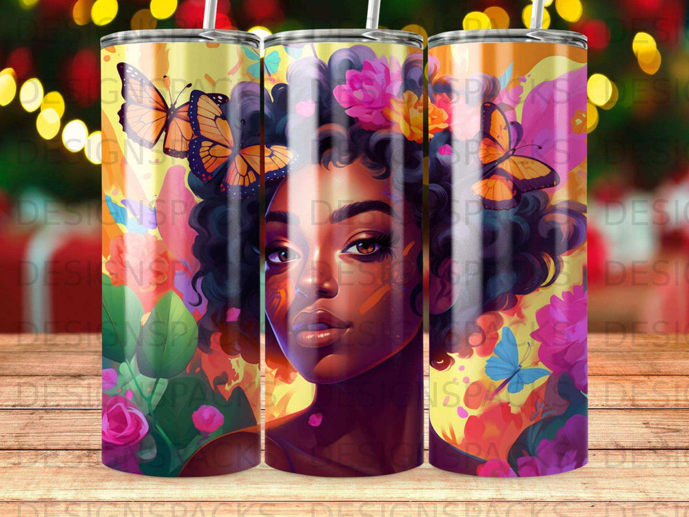 Woman with butterflies and flowers in hair on colorful patterned tumbler.