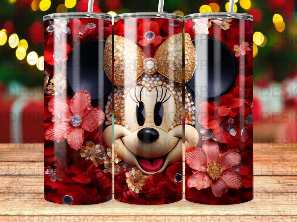 Minnie Mouse in red flowers and gold glitter on a tumbler.