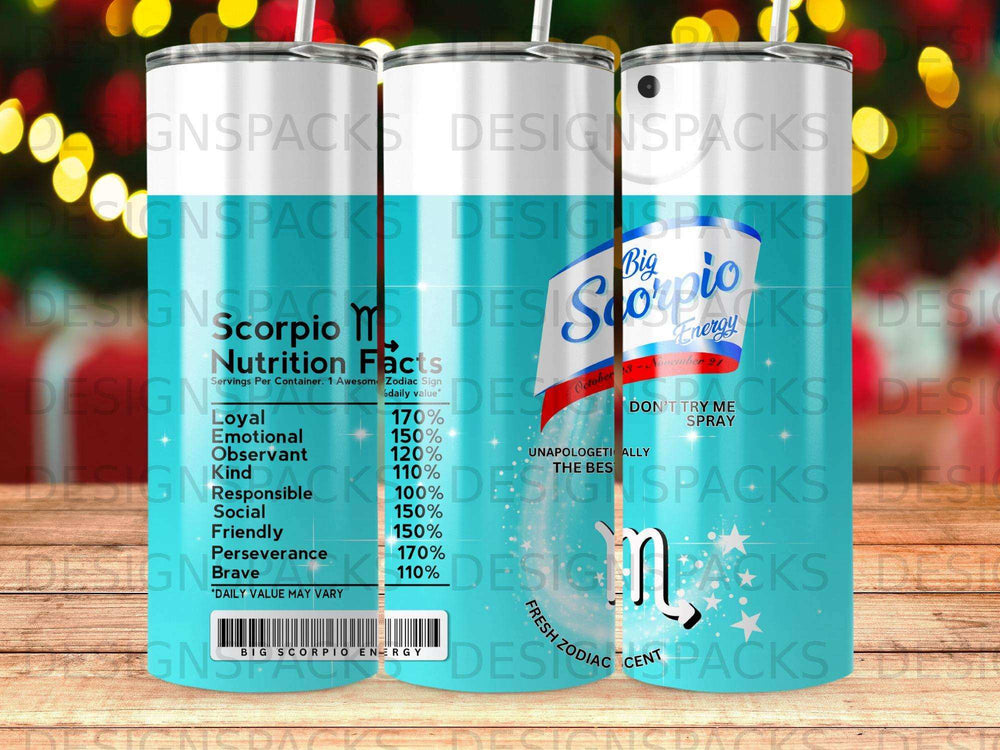 Scorpio Zodiac Energy facts tumbler with "Big Scorpio Energy" text.