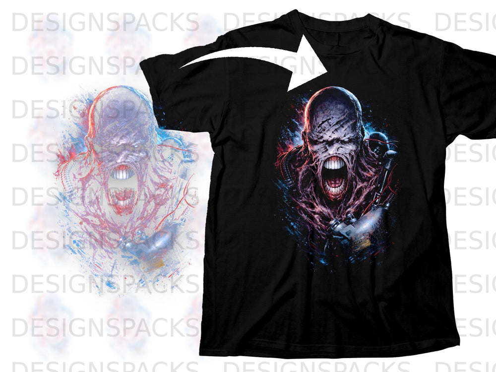 Black t-shirt with a detailed graphic of a monstrous, screaming creature with glowing eyes and mechanical parts.