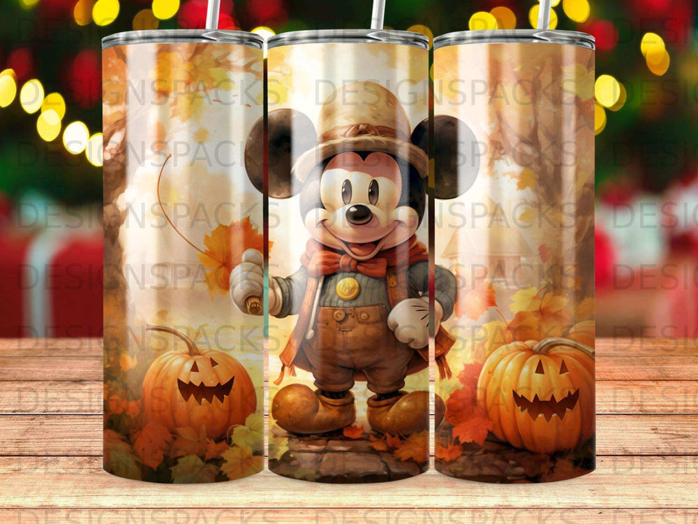 Mickey Mouse in autumnal clothes with pumpkins and falling leaves.