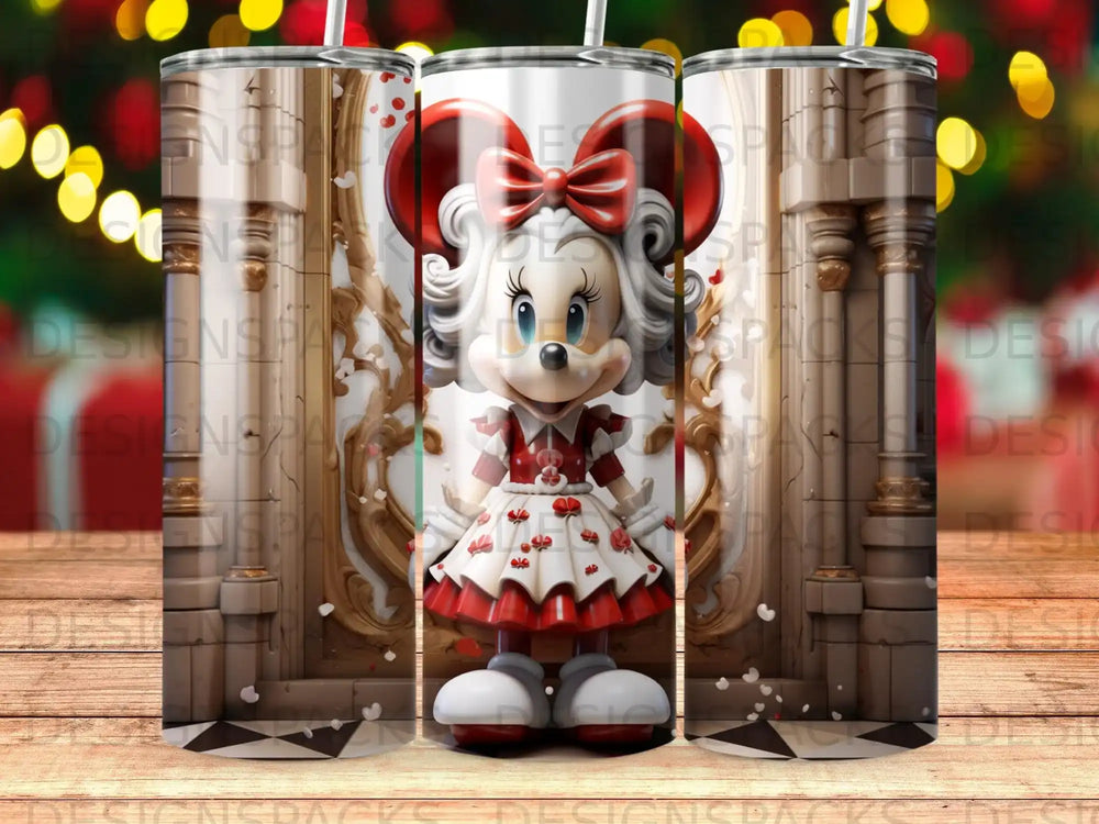 Minnie Mouse in a red and white dress with bow and floral pattern.