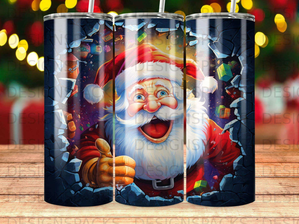Santa Claus peeking through a broken wall, giving a thumbs up.