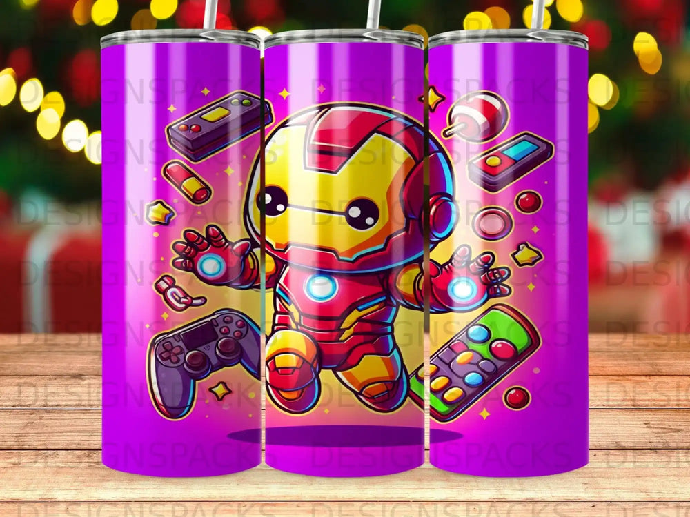 Chibi Iron Man with game controller and candy on purple tumbler.
