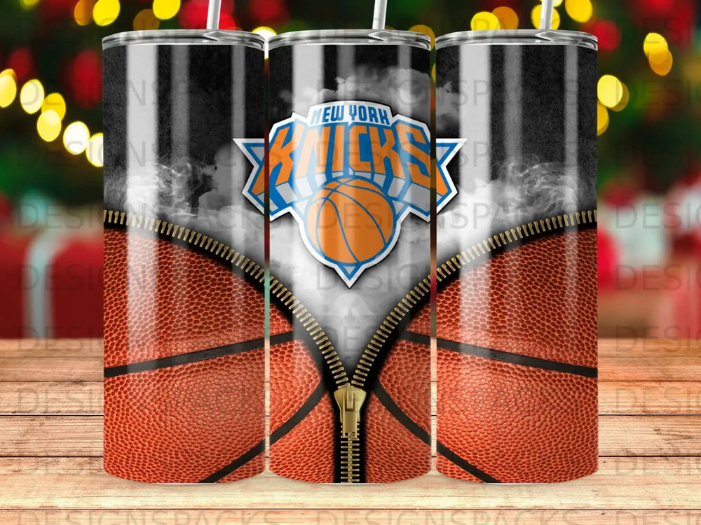 New York Knicks basketball tumbler with team logo and zipper design.