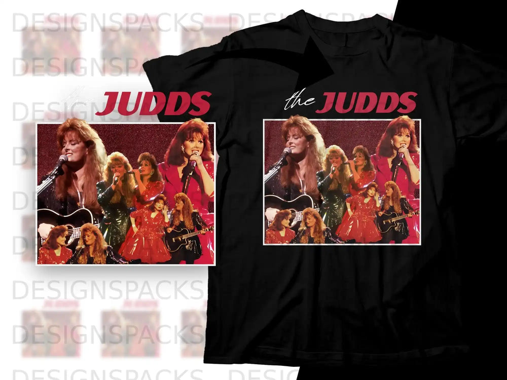 The Judds performing on stage with microphones and guitars.