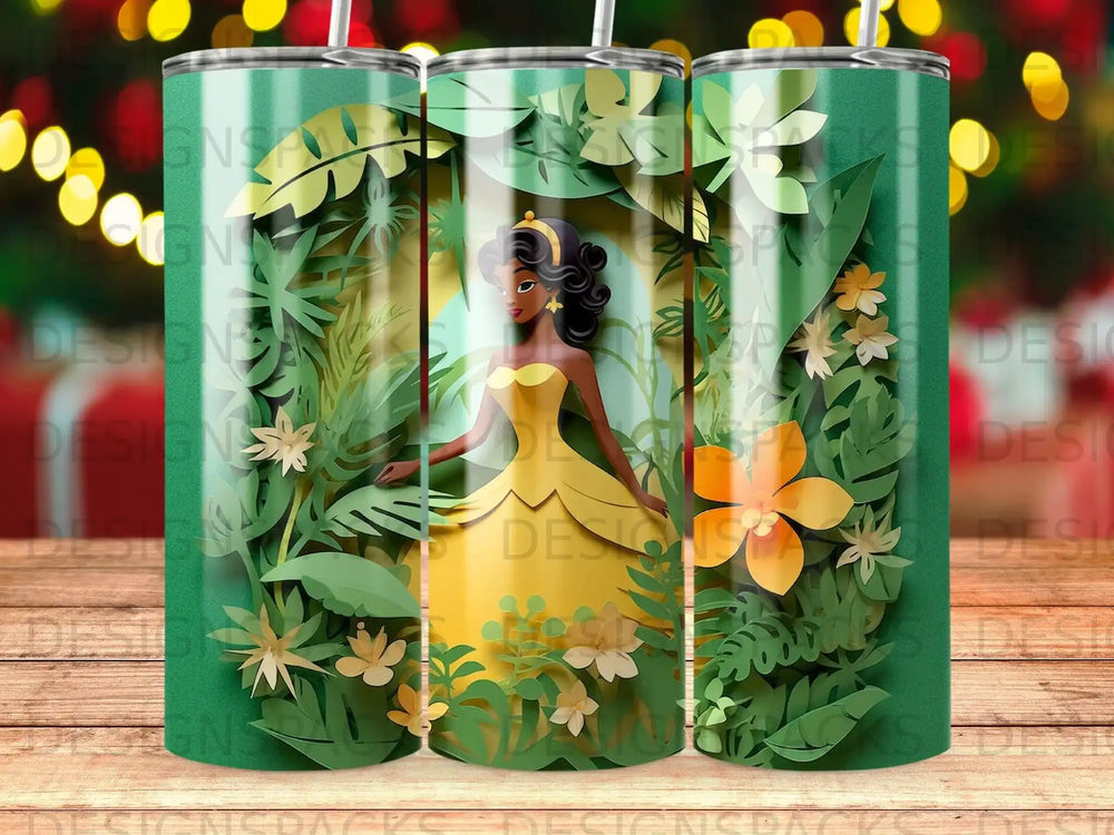 Princess Jasmine in a yellow dress surrounded by lush green jungle foliage.