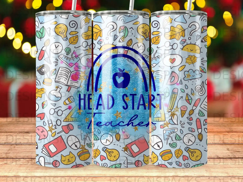 "Head Start Teacher" text on a tumbler with school-themed doodles.