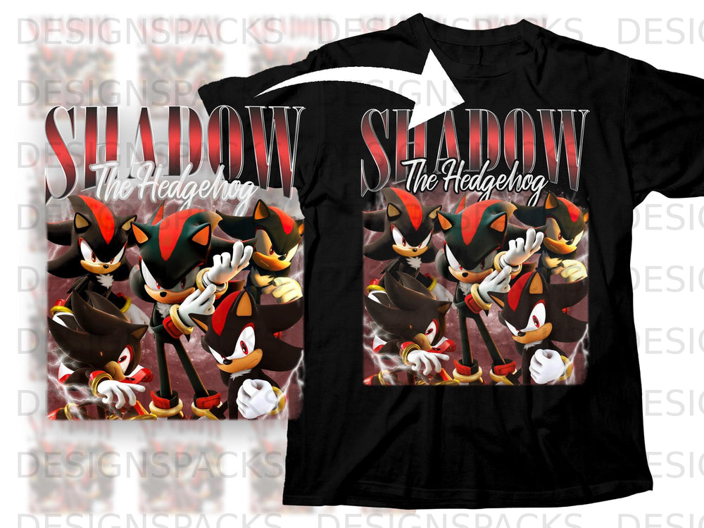 Black t-shirt with "Shadow The Hedgehog" text and multiple Shadow character graphics.