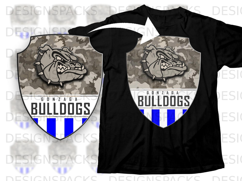 Black t-shirt with Gonzaga Bulldogs shield logo featuring a bulldog and camouflage pattern.
