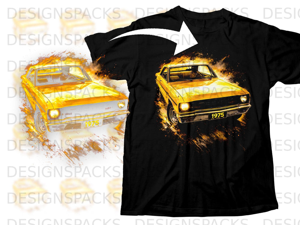 Black t-shirt with a graphic of a yellow 1975 car surrounded by flames.